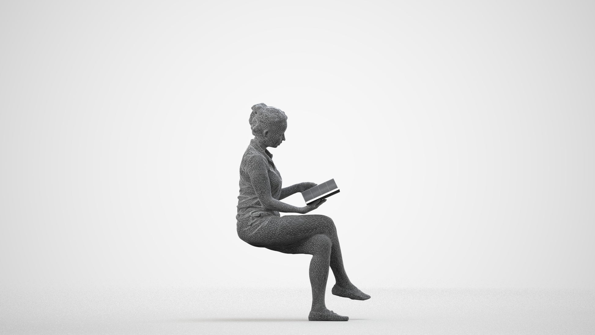 3D people model woman casual sitting, scanned human for 3ds Max rendering, wireframe side view