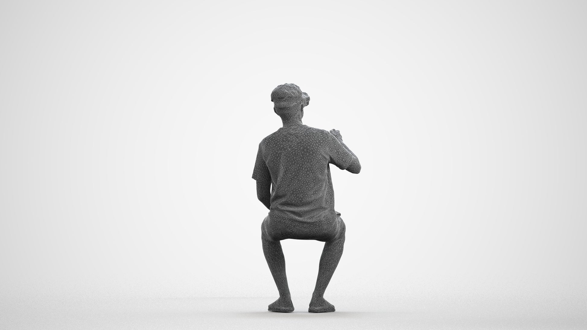 3D human model man casual sitting, photogrammetry scanned person for archviz, wireframe front view