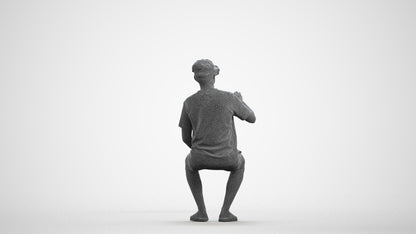 3D human model man casual sitting, photogrammetry scanned person for archviz, wireframe front view