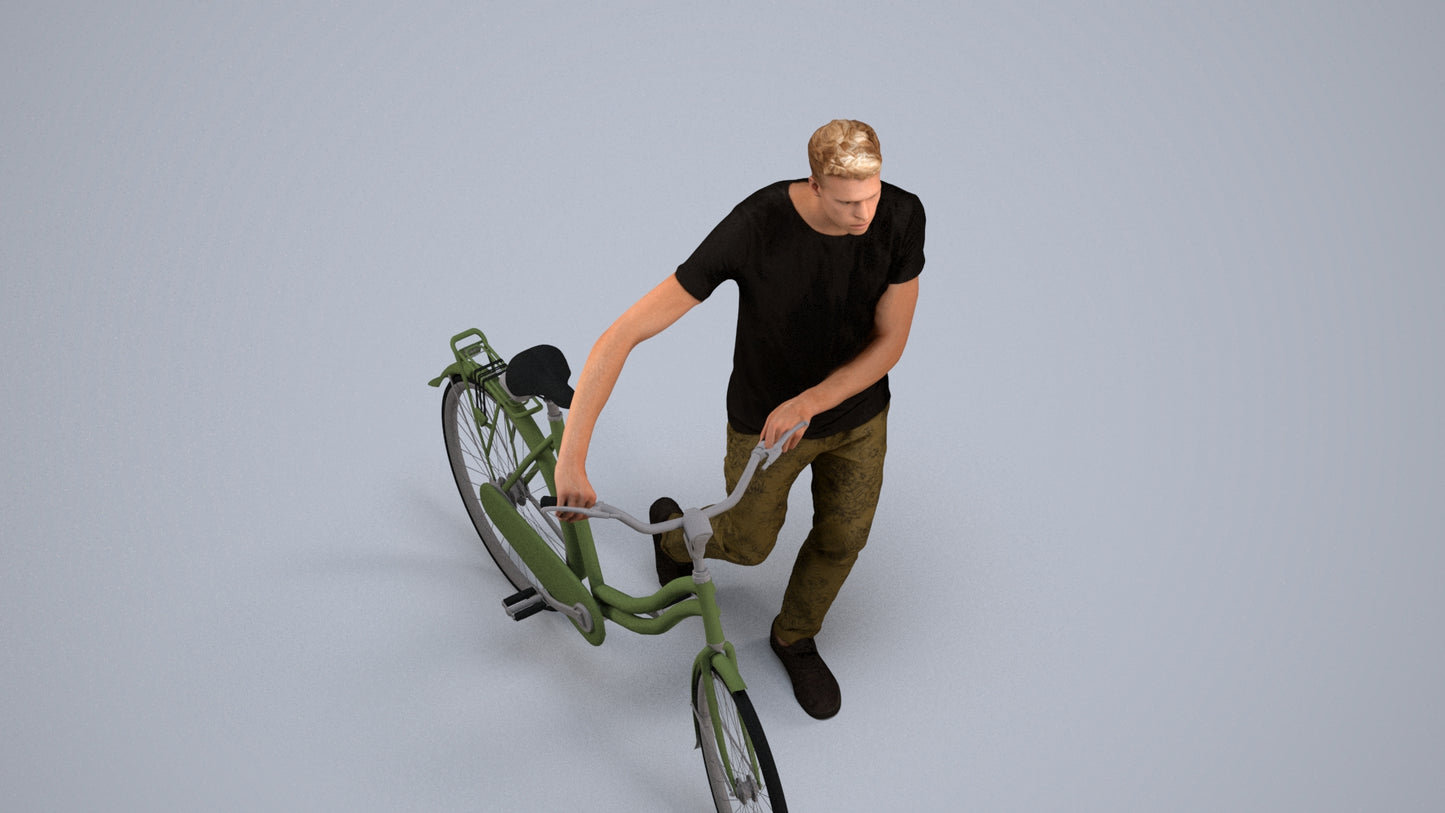 realistic 3D people man casual cycling, render-ready for V-Ray and Corona, FBX OBJ, back view render