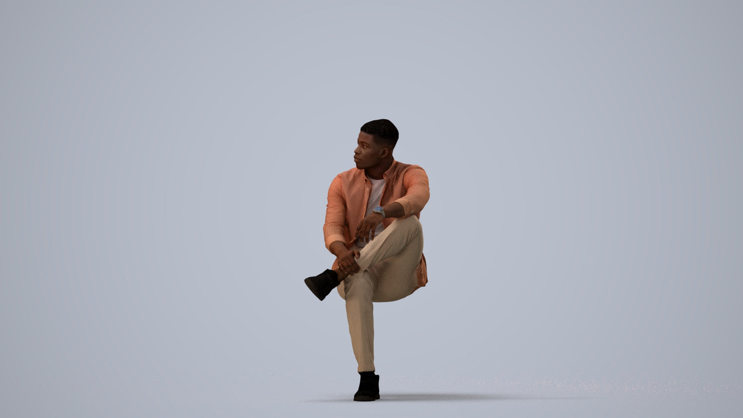 scanned 3D man casual sitting, photogrammetry people for Enscape and V-Ray, three-quarter view render