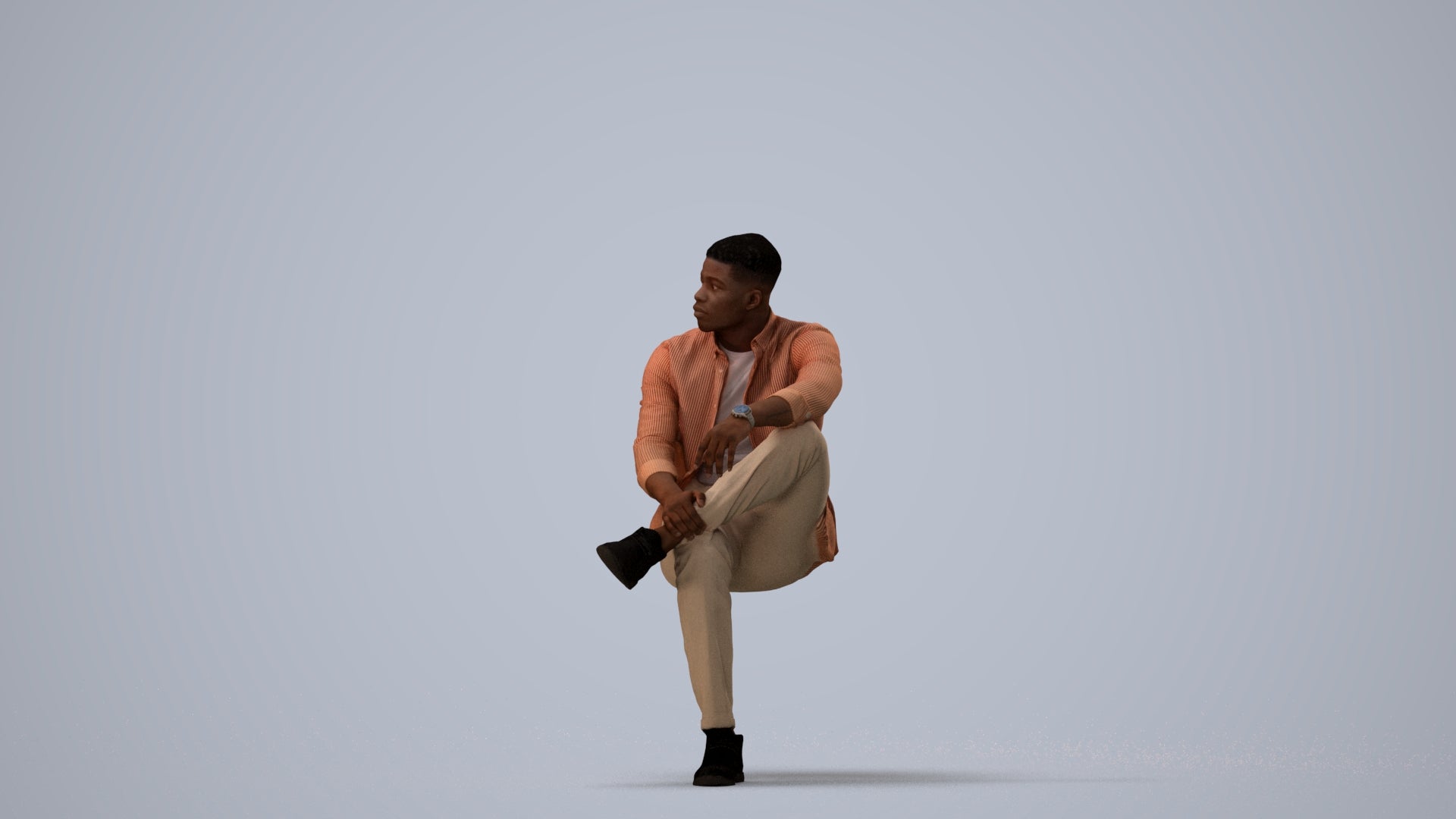 scanned 3D man casual sitting, photogrammetry people for Enscape and V-Ray, three-quarter view render