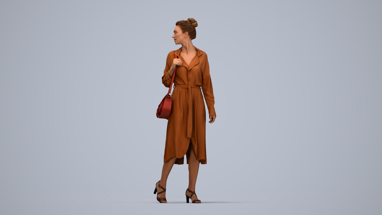 3D human model woman casual walking, photogrammetry scanned person for archviz, top-down view render