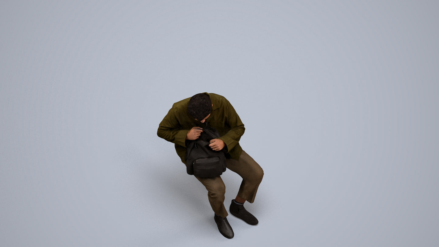 scanned 3D man casual sitting, photogrammetry people for Enscape and V-Ray, back view render