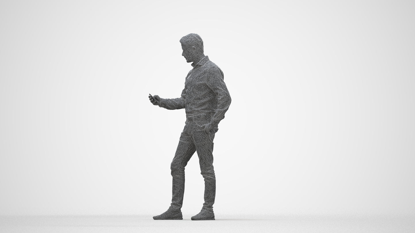 3D scanned man standing business, photorealistic archviz people for Enscape and SketchUp, wireframe back view