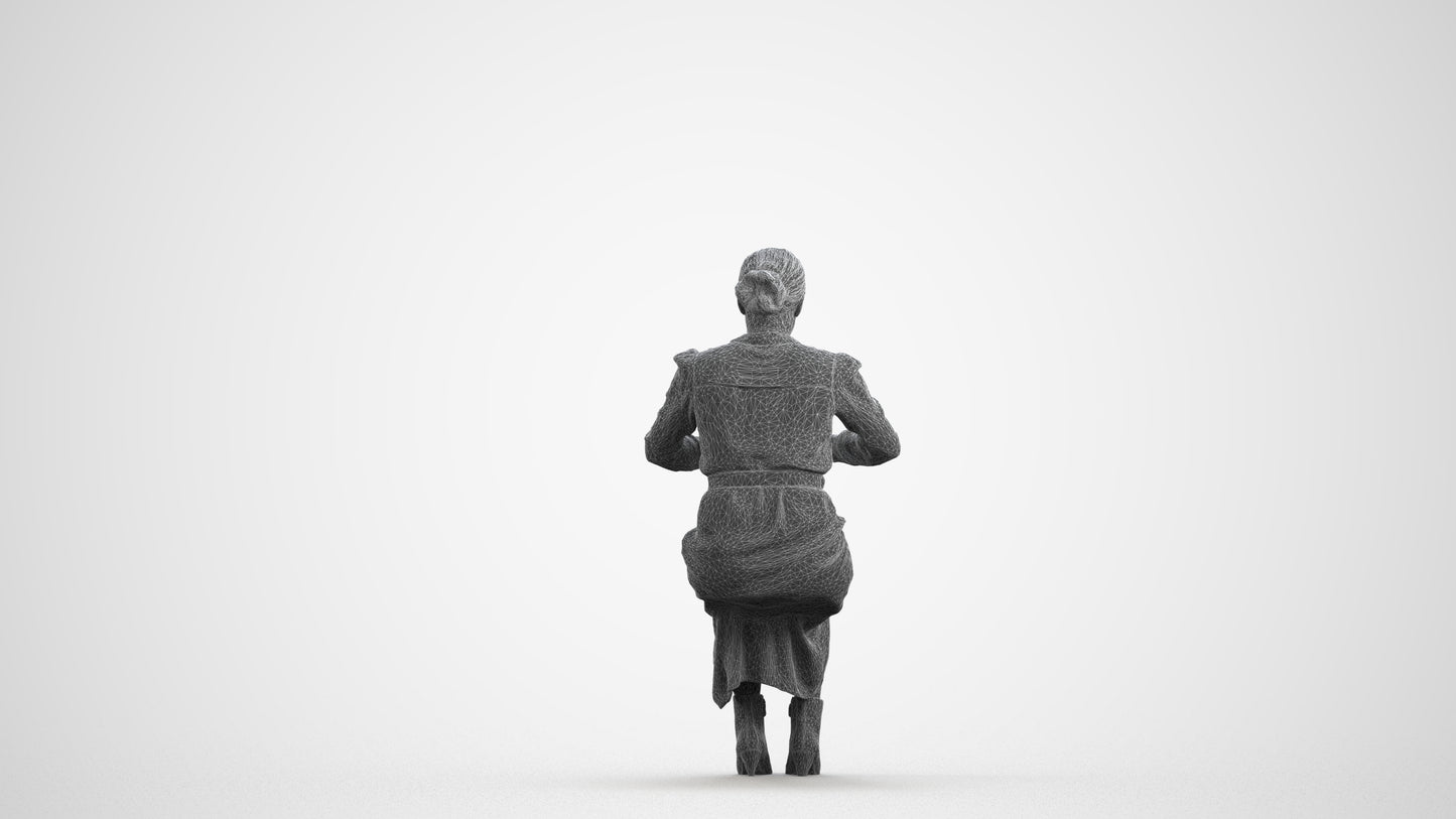 3D human model woman casual sitting, photogrammetry scanned person for archviz, wireframe front view