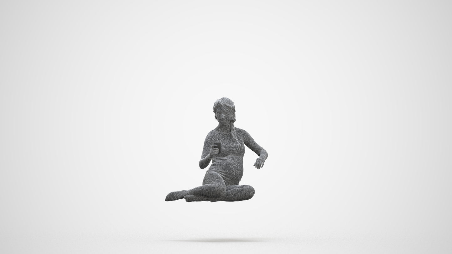 photogrammetry 3D woman casual sitting, realistic human model archviz FBX, three-quarter front view render