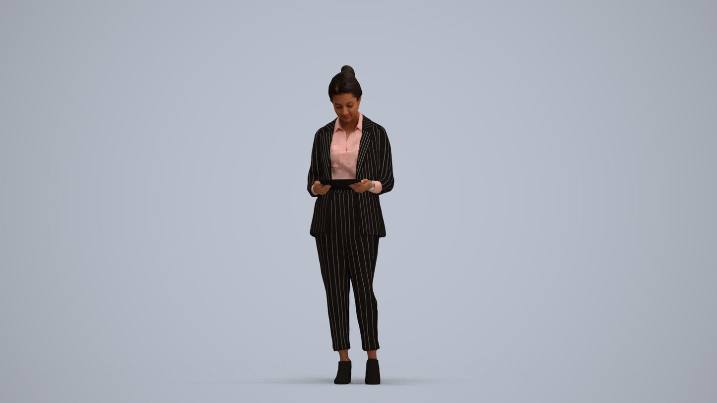 realistic 3D woman business standing, scanned archviz people for Blender and 3ds Max, standing pose render