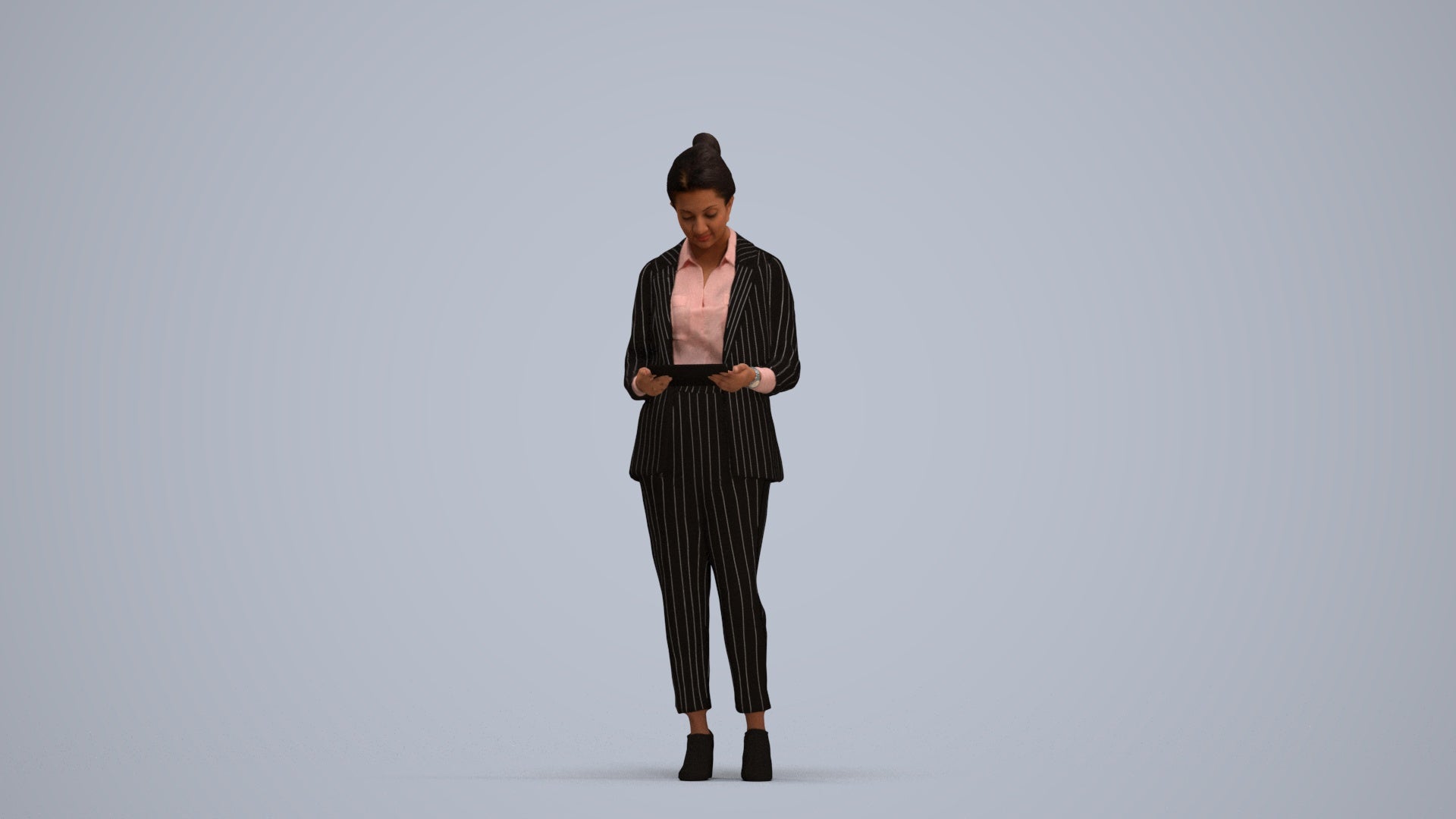 realistic 3D woman business standing, scanned archviz people for Blender and 3ds Max, standing pose render