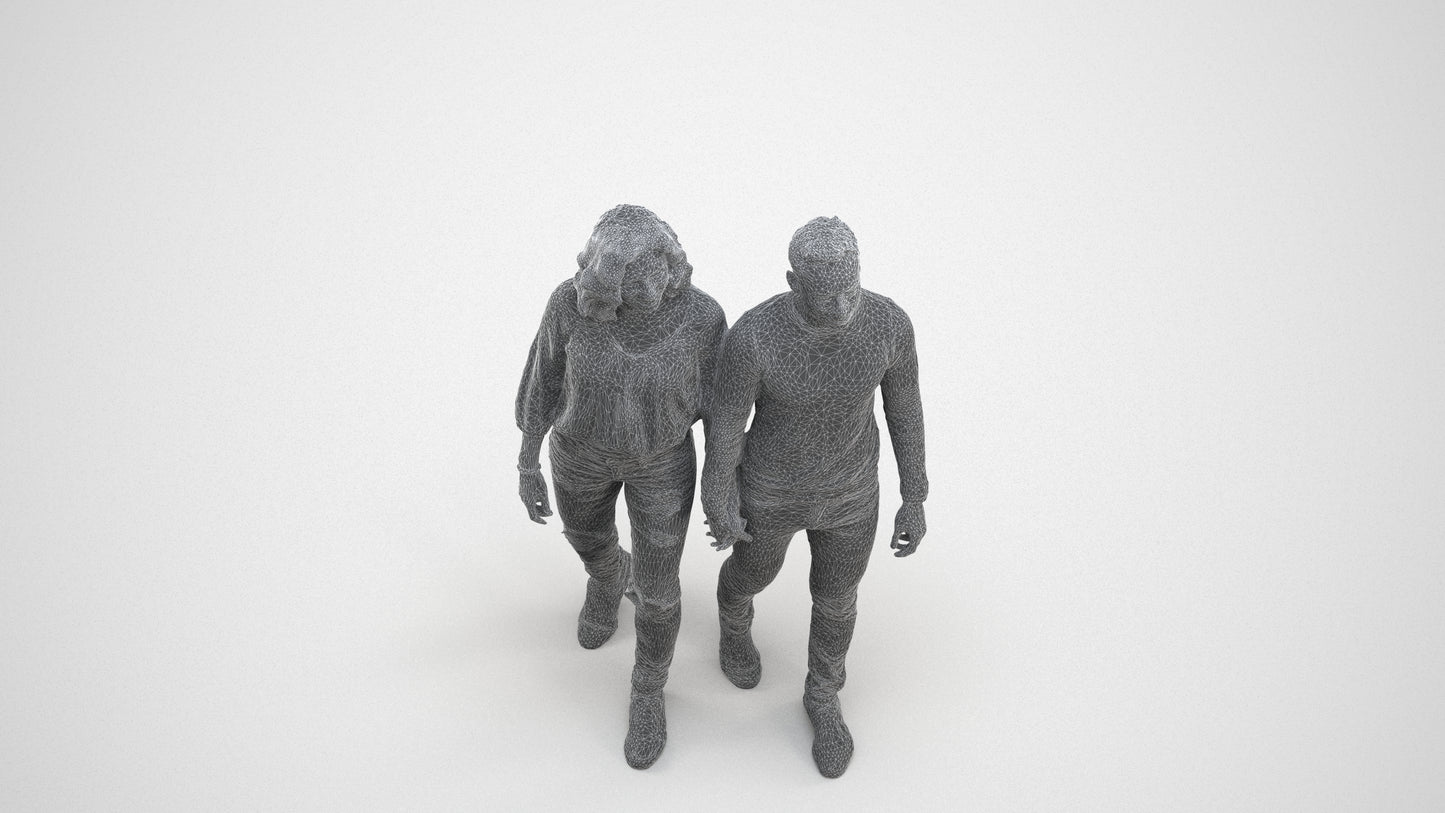 realistic 3D woman casual couple, scanned archviz people for Blender and 3ds Max, wireframe three-quarter view