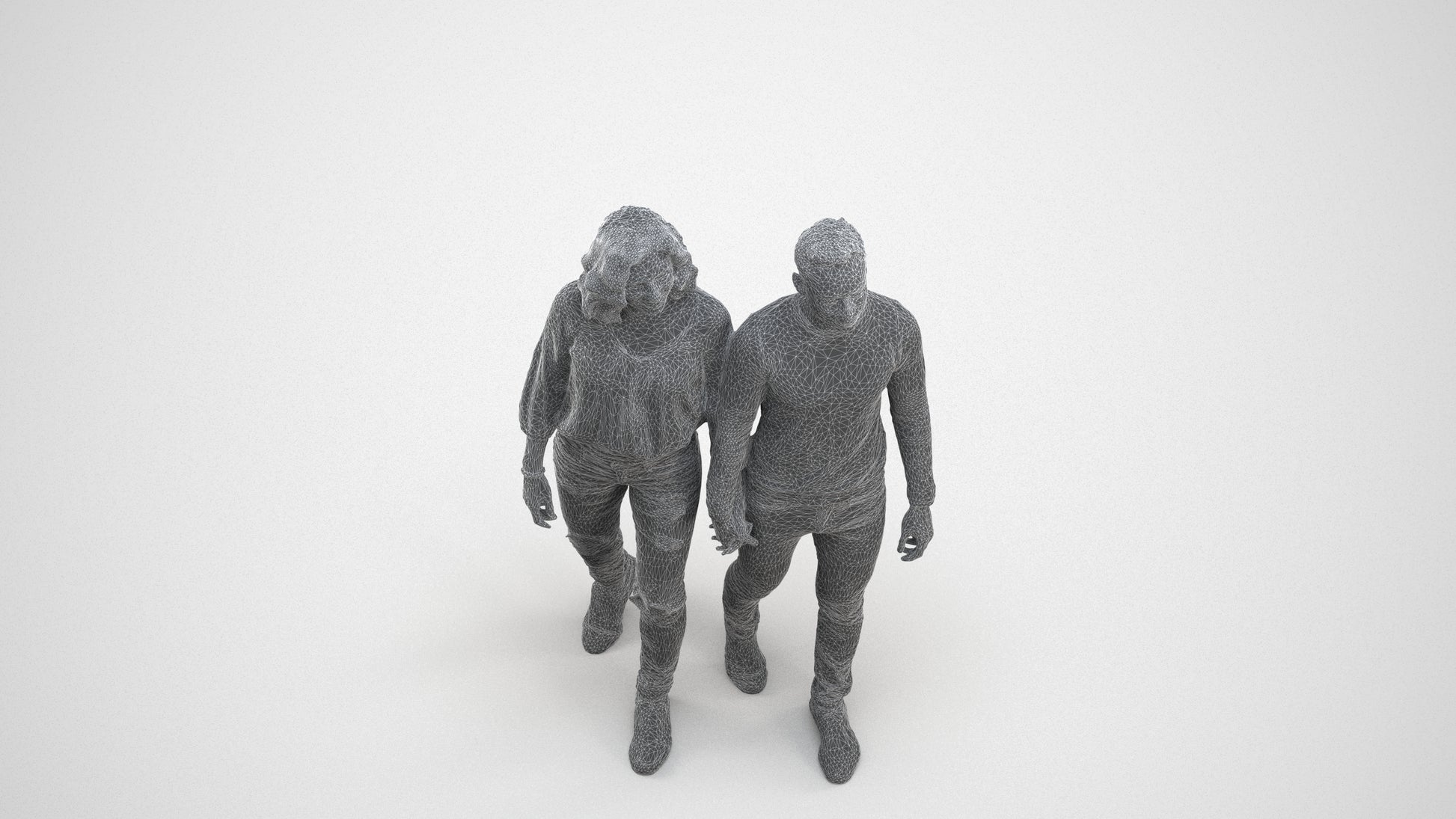 realistic 3D woman casual couple, scanned archviz people for Blender and 3ds Max, wireframe three-quarter view