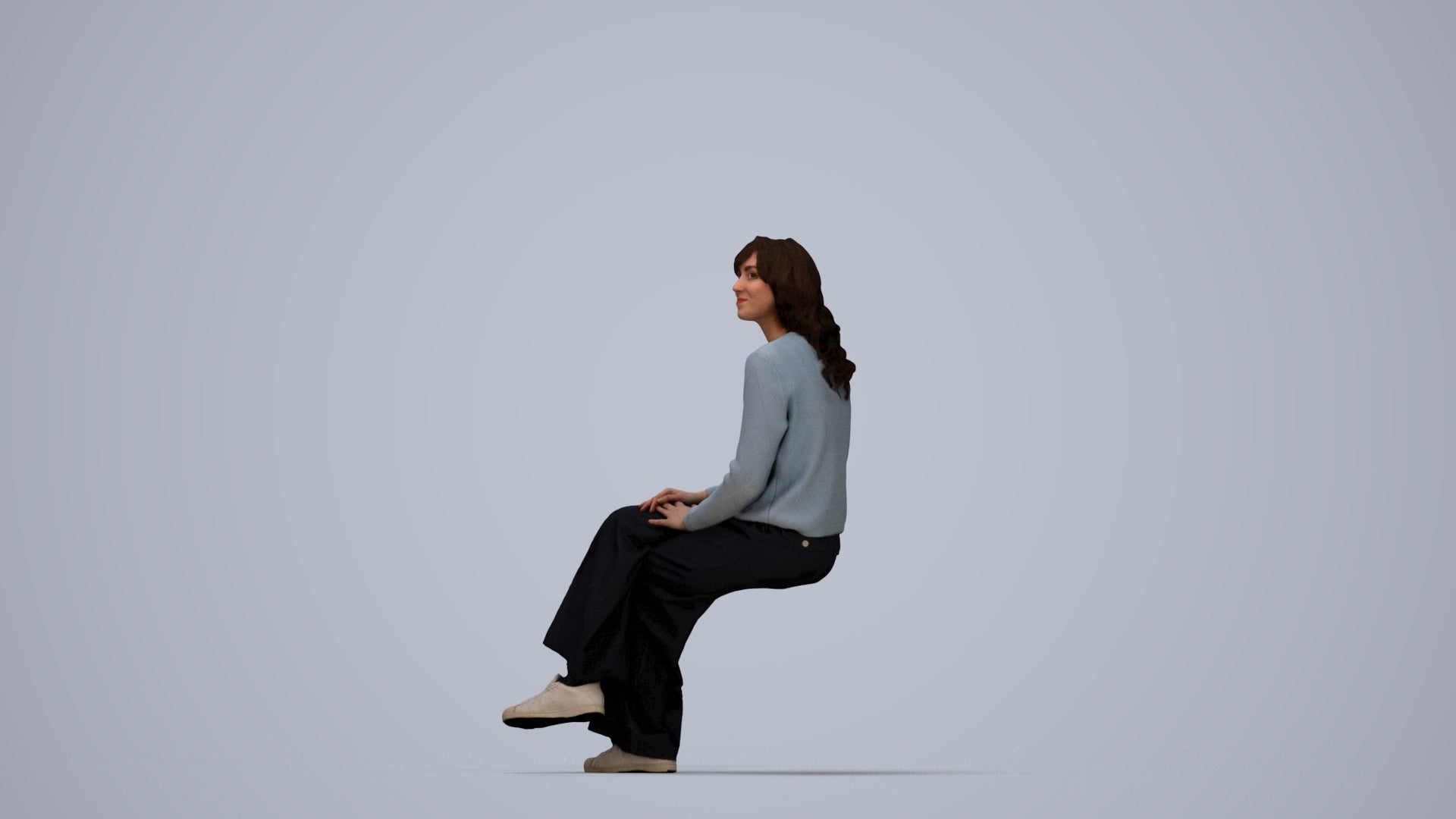 3D human model woman casual sitting, photogrammetry scanned person for archviz, top-down view render