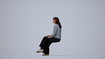 3D human model woman casual sitting, photogrammetry scanned person for archviz, top-down view render