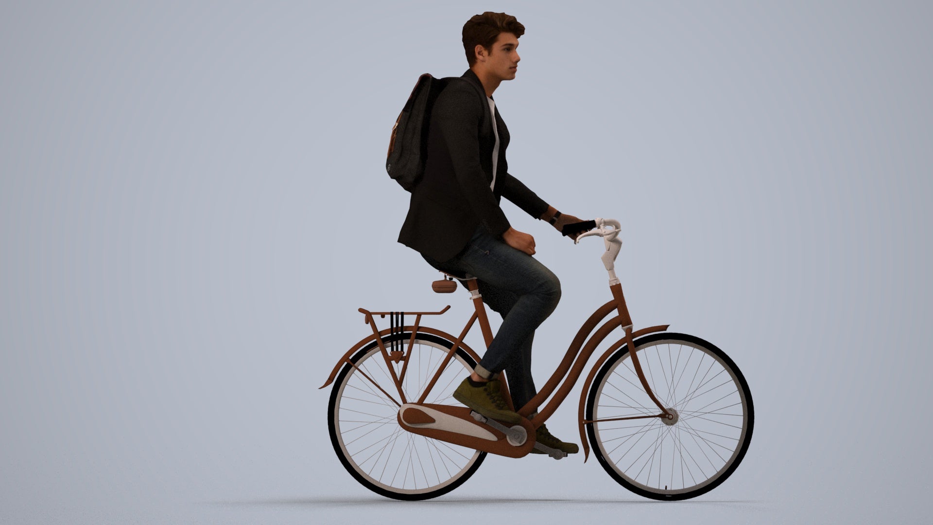 realistic 3D man casual cycling, scanned archviz people for Blender and 3ds Max, side view render