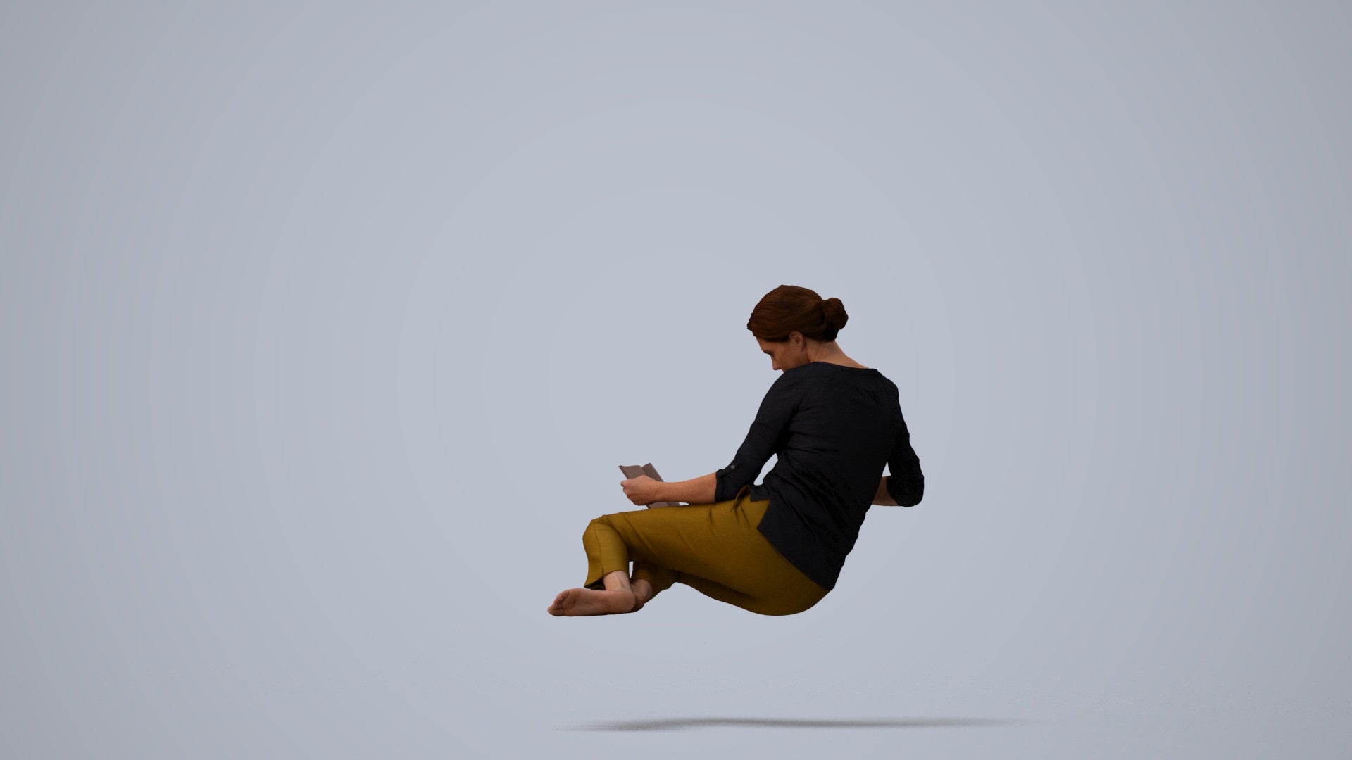 realistic 3D woman casual sitting, scanned archviz people for Blender and 3ds Max, three-quarter view render