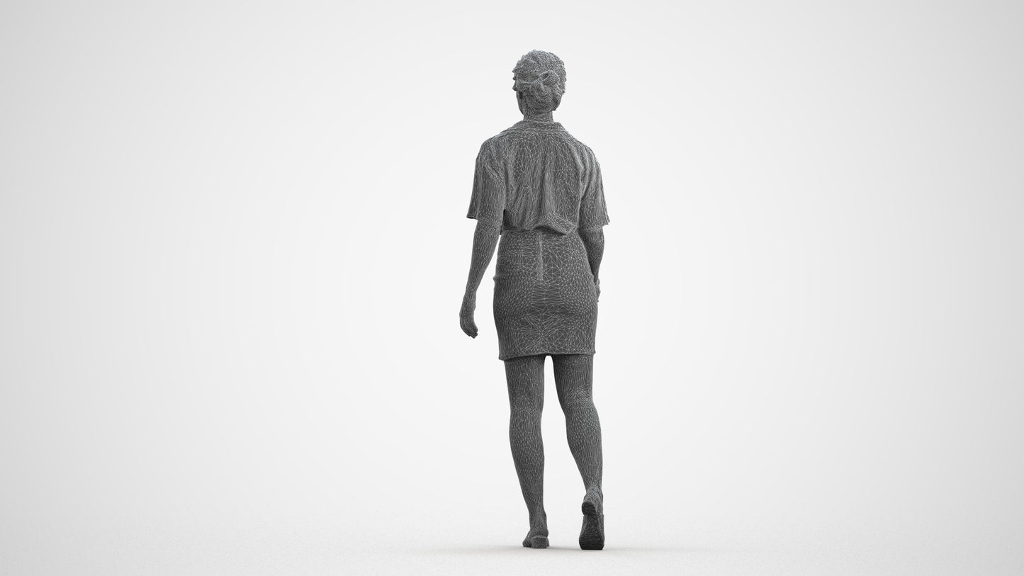 photogrammetry 3D woman casual walking, realistic human model archviz FBX, wireframe front view