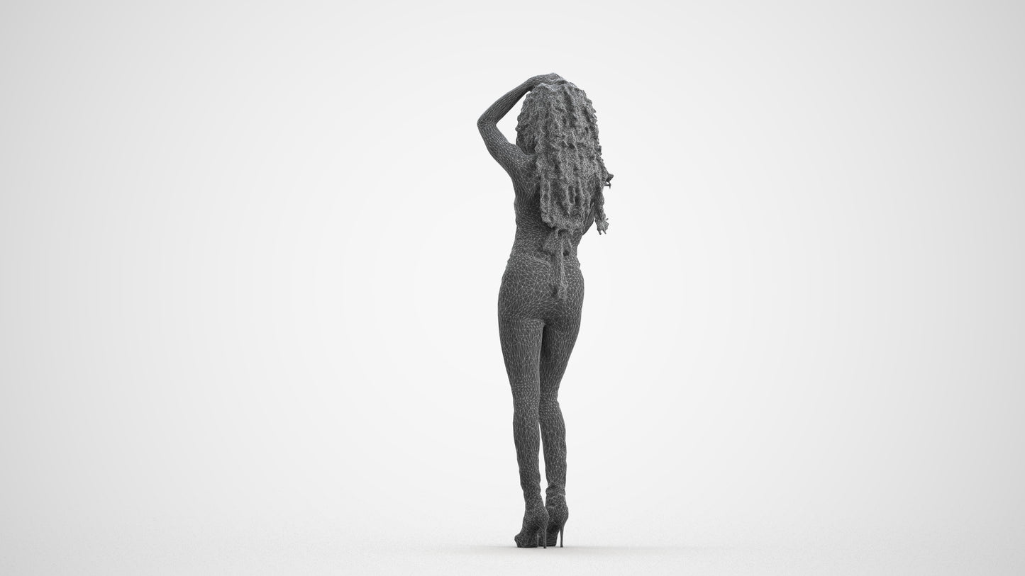 realistic 3D woman casual standing, scanned archviz people for Blender and 3ds Max, wireframe front view