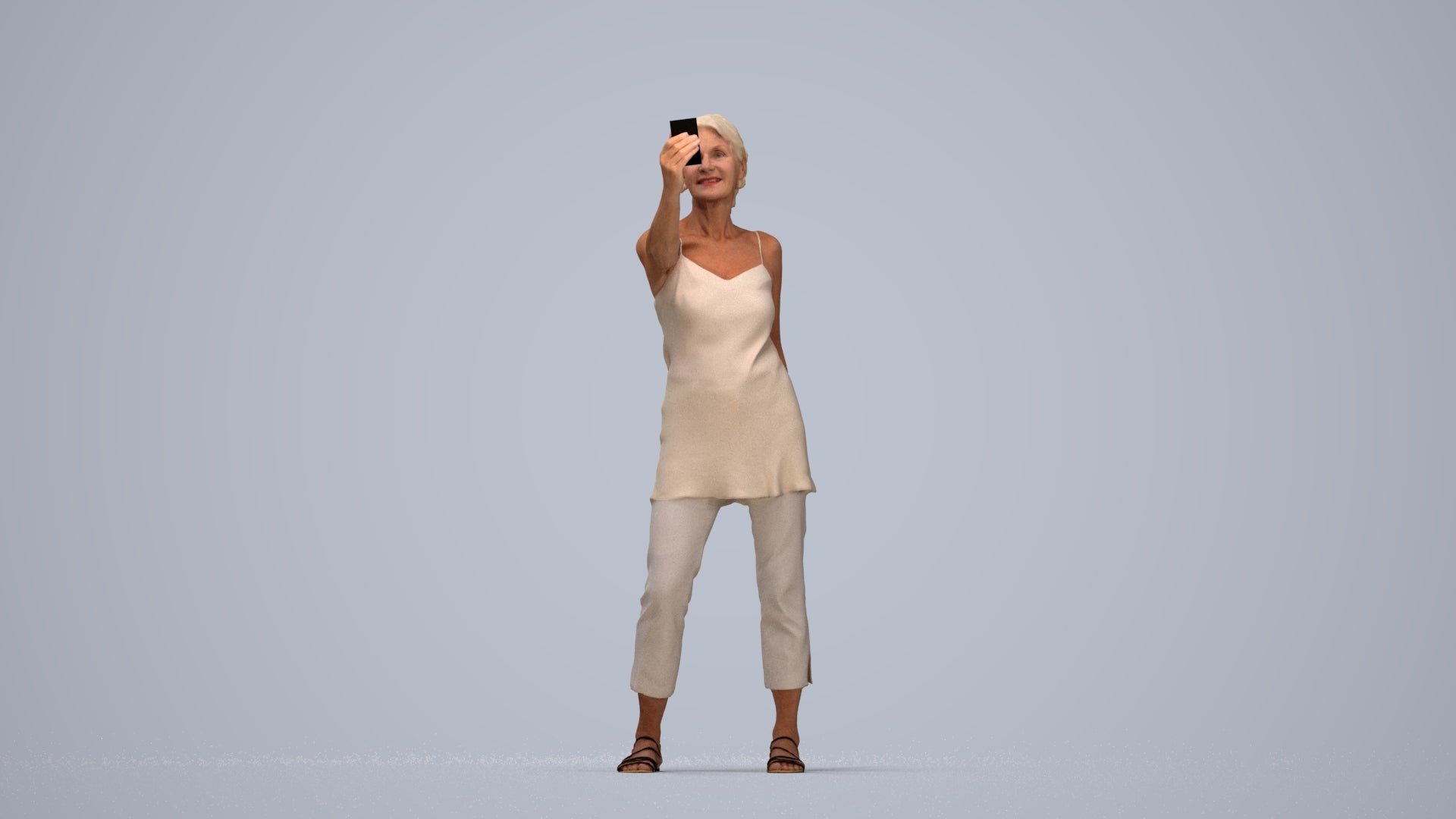3D human model senior woman casual standing, photogrammetry scanned person for archviz, top-down view render