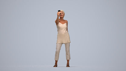 3D human model senior woman casual standing, photogrammetry scanned person for archviz, top-down view render
