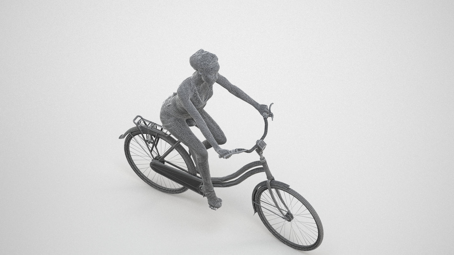 3D scanned woman cycling casual, photorealistic archviz people for Enscape and SketchUp, wireframe three-quarter view