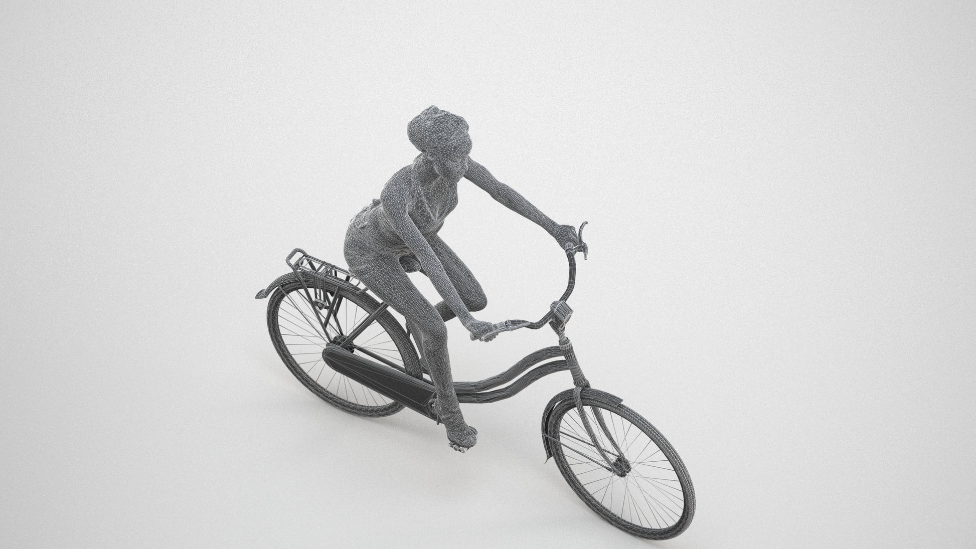 3D scanned woman cycling casual, photorealistic archviz people for Enscape and SketchUp, wireframe three-quarter view