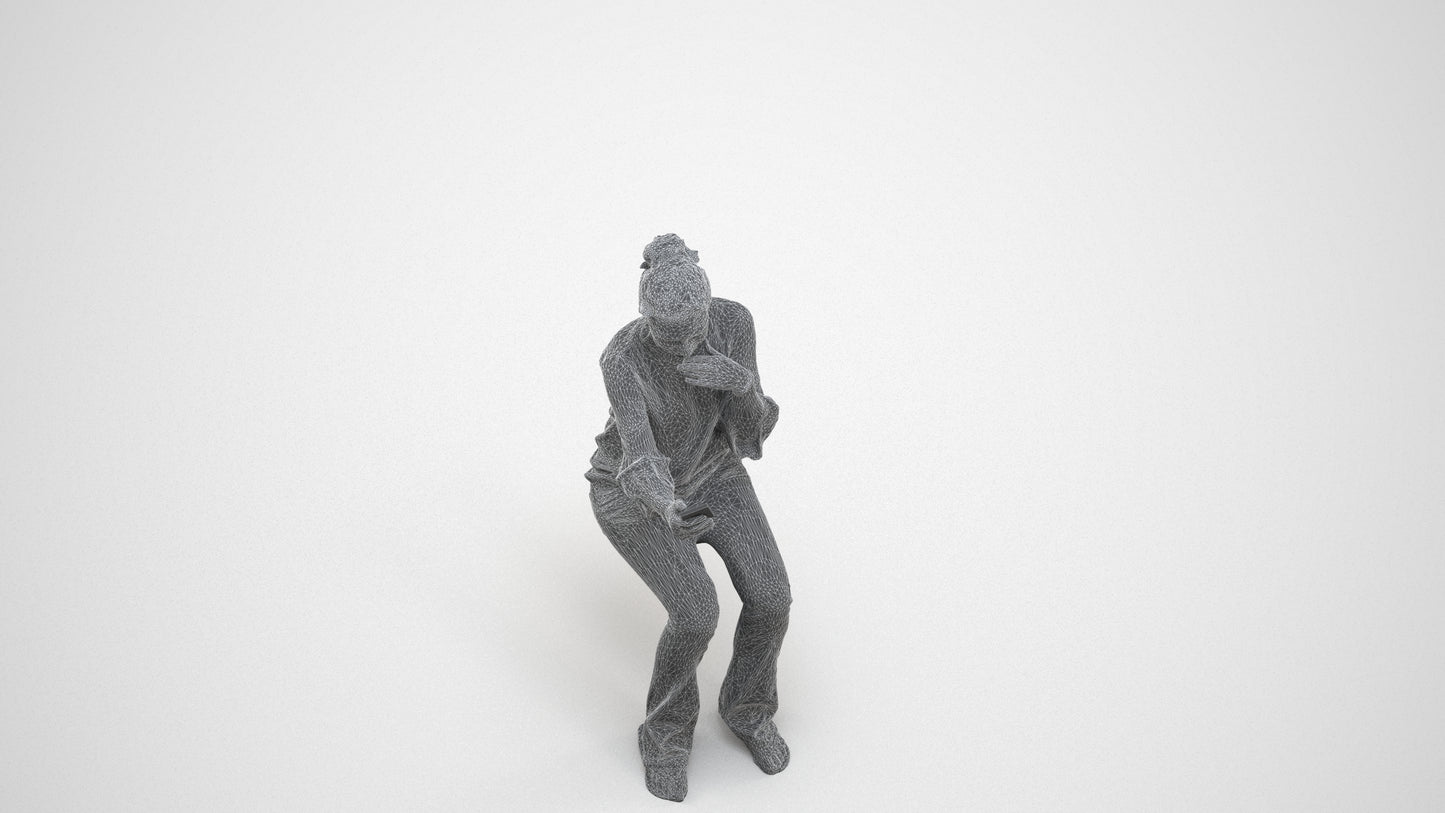 realistic 3D woman casual sitting, scanned archviz people for Blender and 3ds Max, wireframe three-quarter view