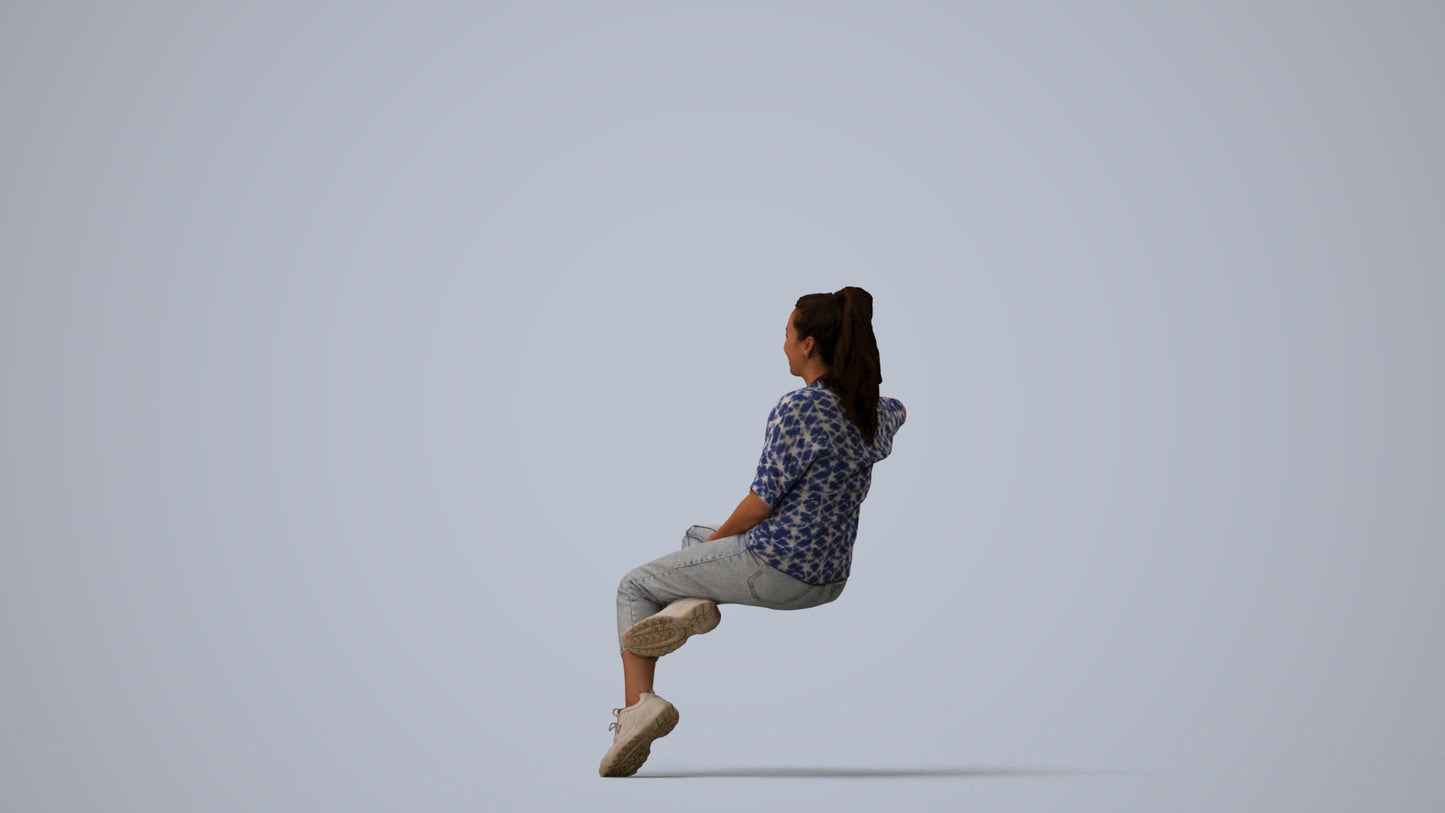 scanned 3D woman casual sitting, photogrammetry people for Enscape and V-Ray, three-quarter view render