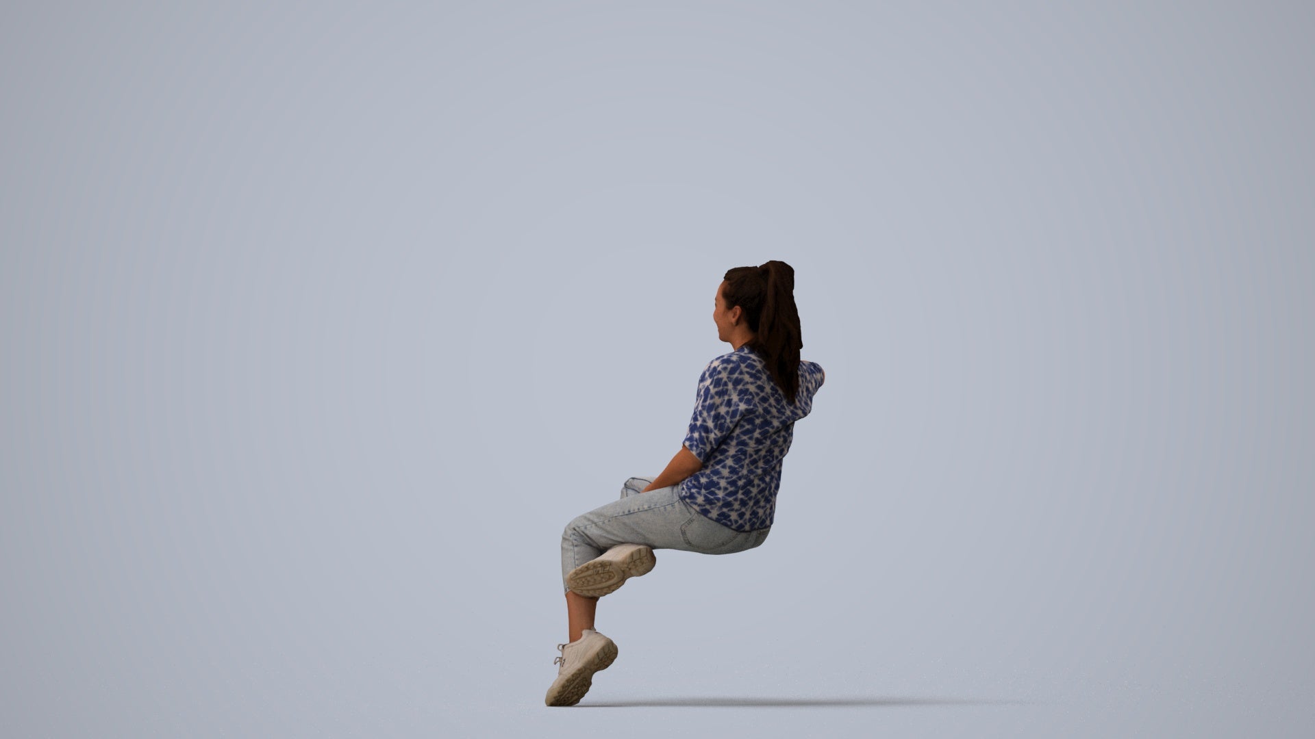 scanned 3D woman casual sitting, photogrammetry people for Enscape and V-Ray, three-quarter view render