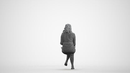 3D human model woman casual sitting, photogrammetry scanned person for archviz, wireframe front view