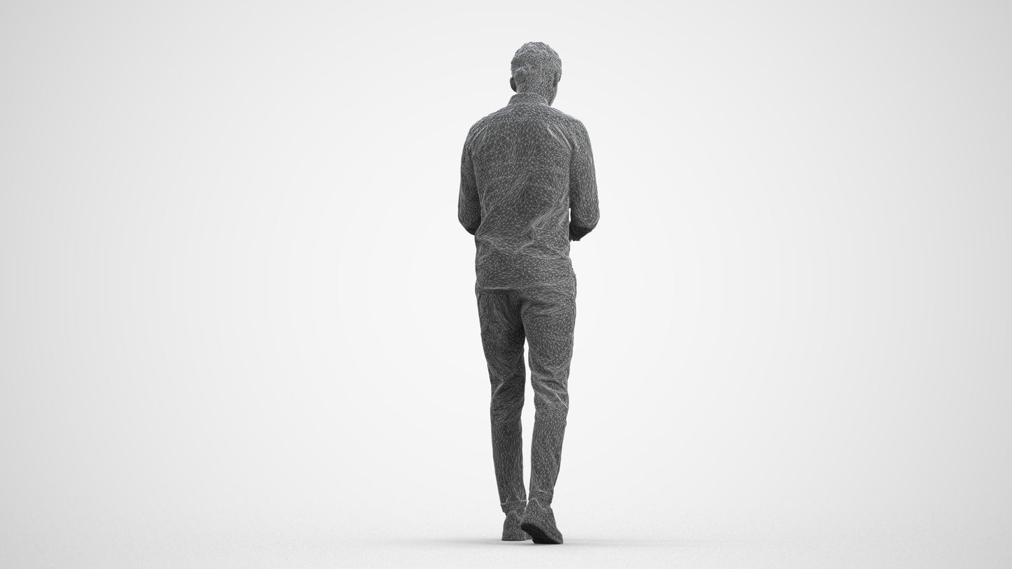 realistic 3D man casual walking, scanned archviz people for Blender and 3ds Max, wireframe front view