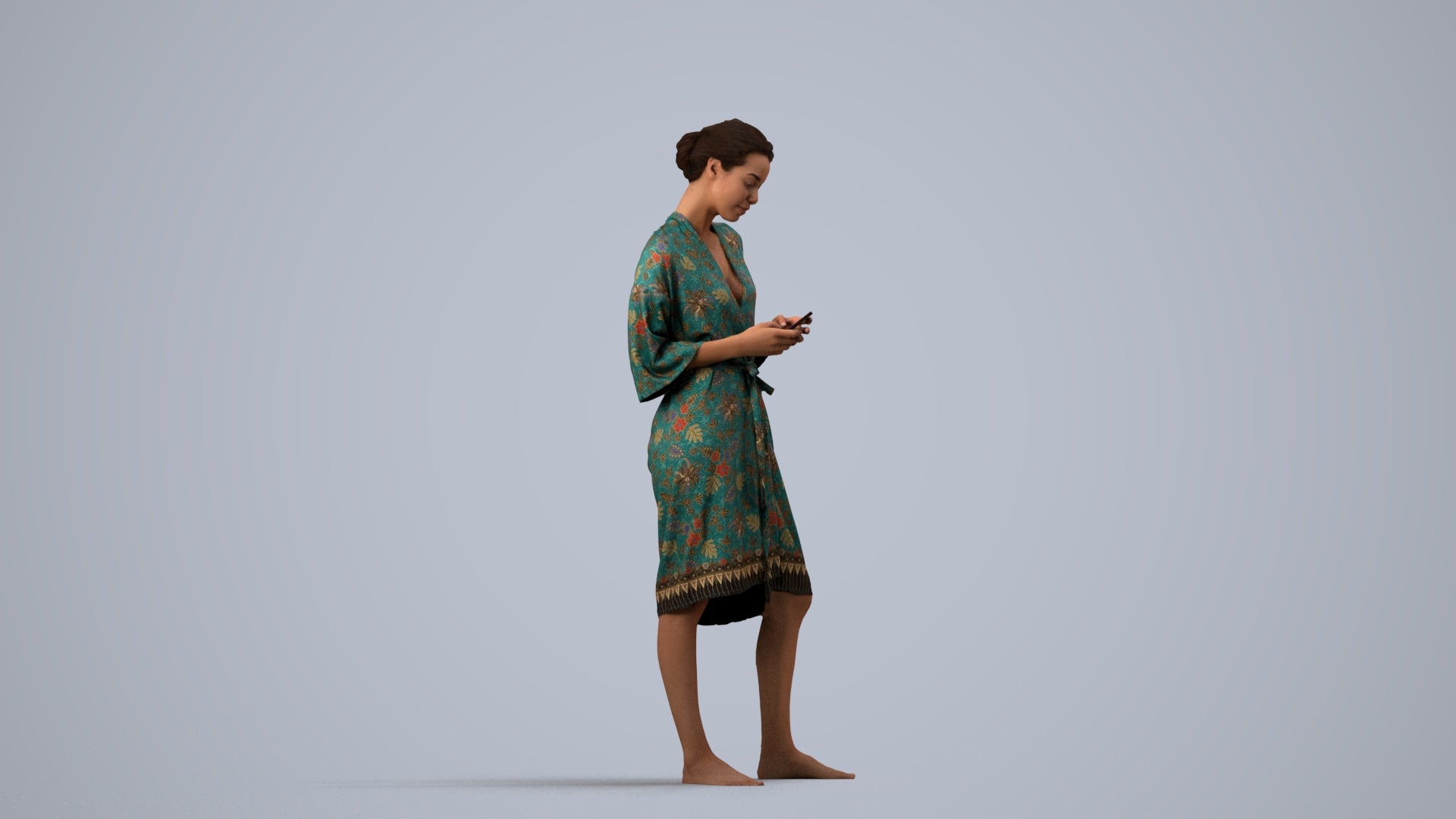 realistic 3D woman casual bathroom, scanned archviz people for Blender and 3ds Max, side view render
