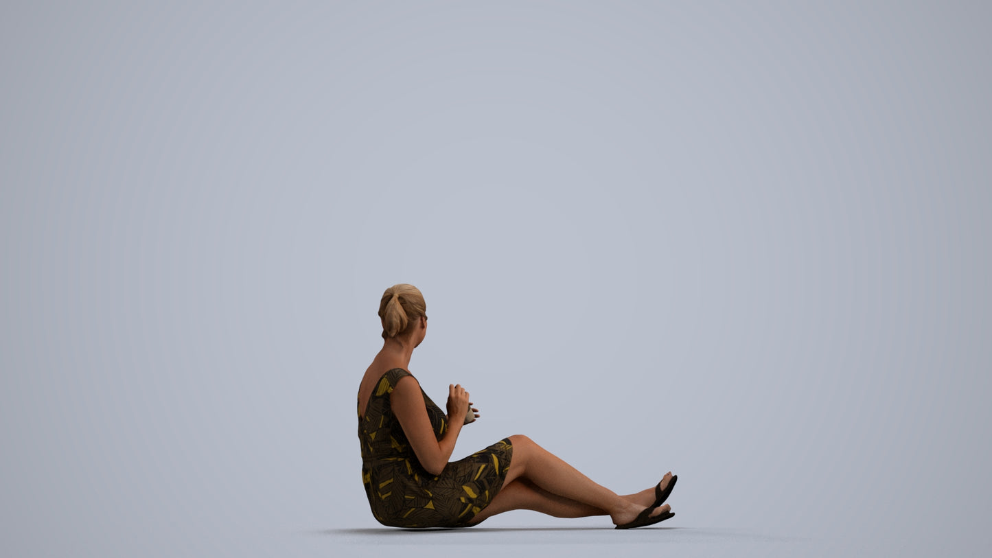 scanned 3D woman casual sitting, photogrammetry people for Enscape and V-Ray, front view render