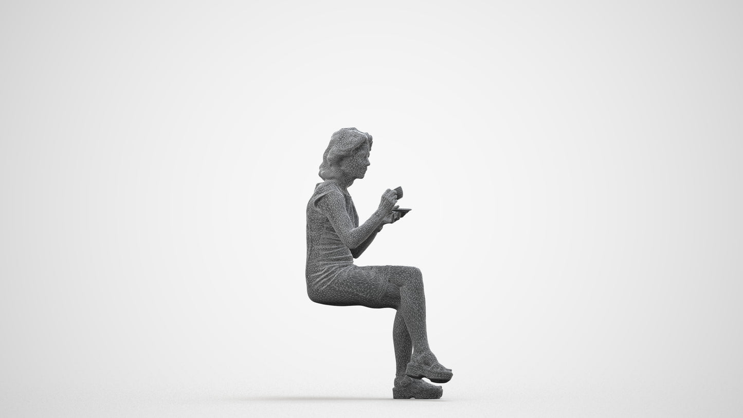 photogrammetry 3D woman business sitting, realistic human model archviz FBX, wireframe side view