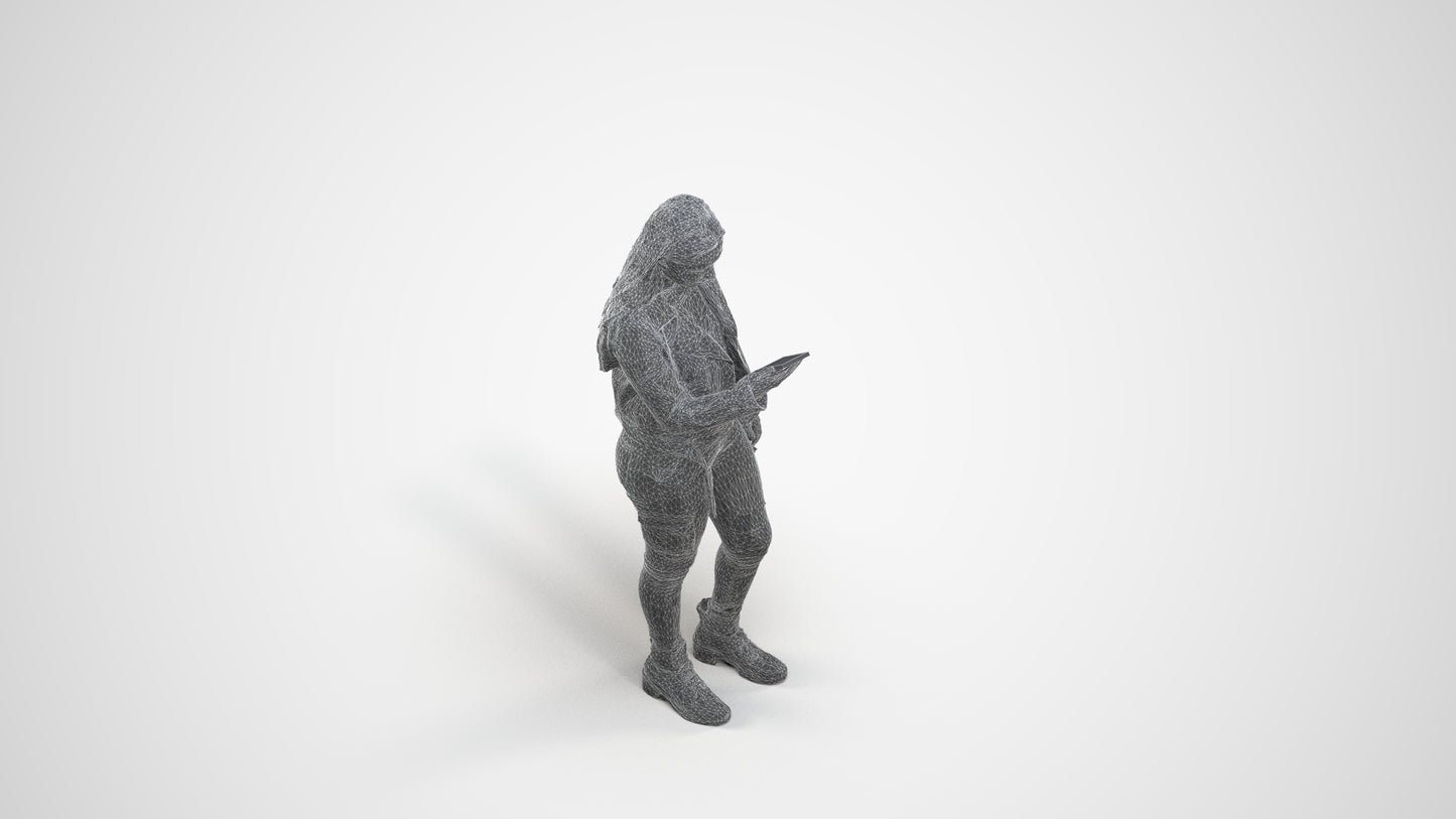 realistic 3D human woman casual shopping, archviz people FBX OBJ for Blender, wireframe three-quarter view