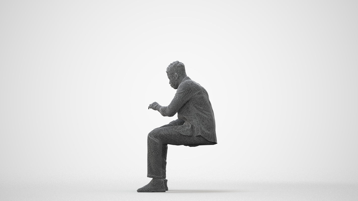 3D human model man casual sitting, photogrammetry scanned person for archviz, square thumbnail