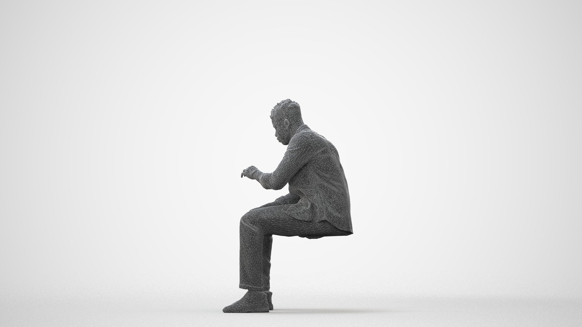 3D human model man casual sitting, photogrammetry scanned person for archviz, square thumbnail