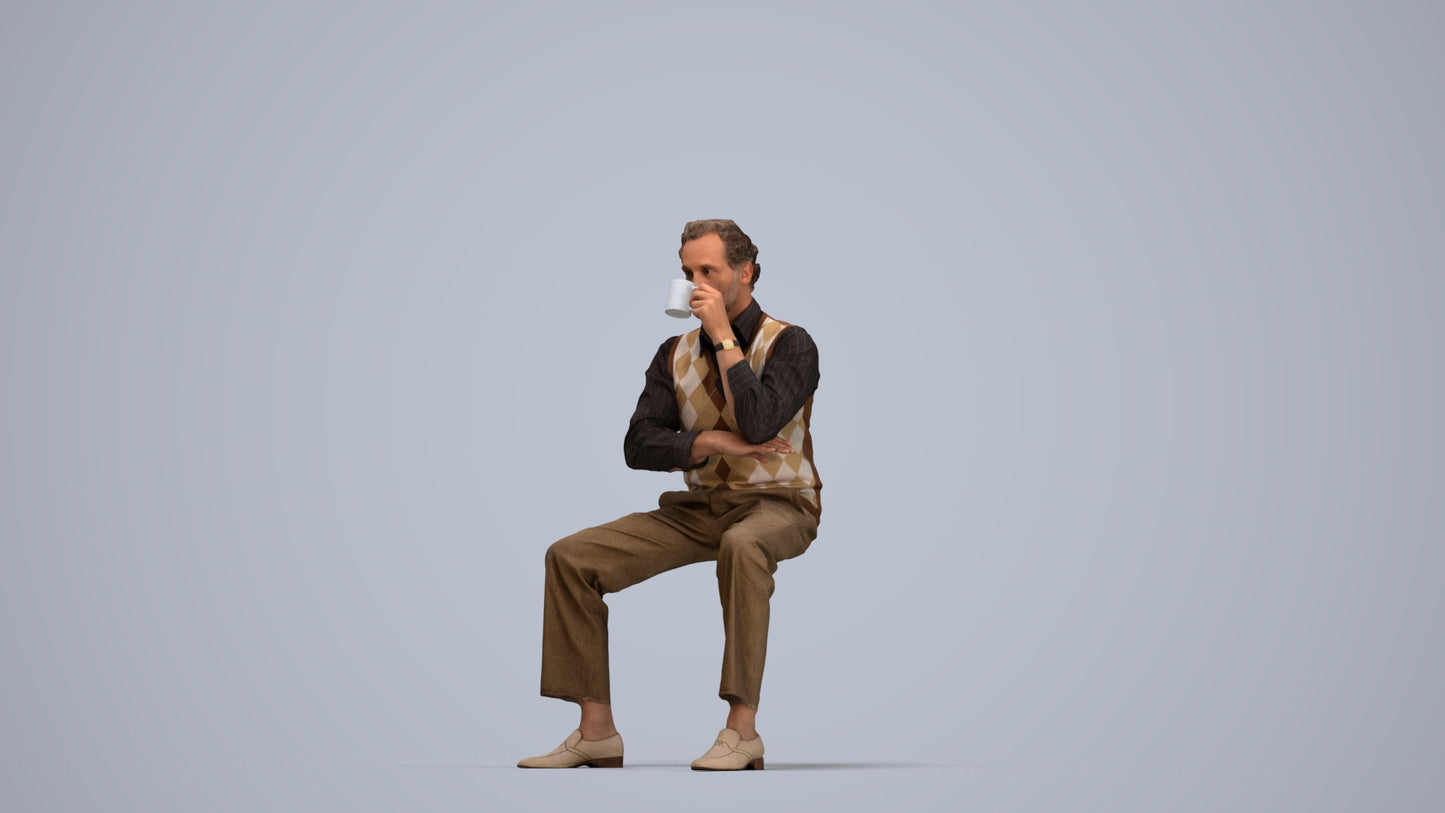 realistic 3D man business sitting, scanned archviz people for Blender and 3ds Max, top-down view render