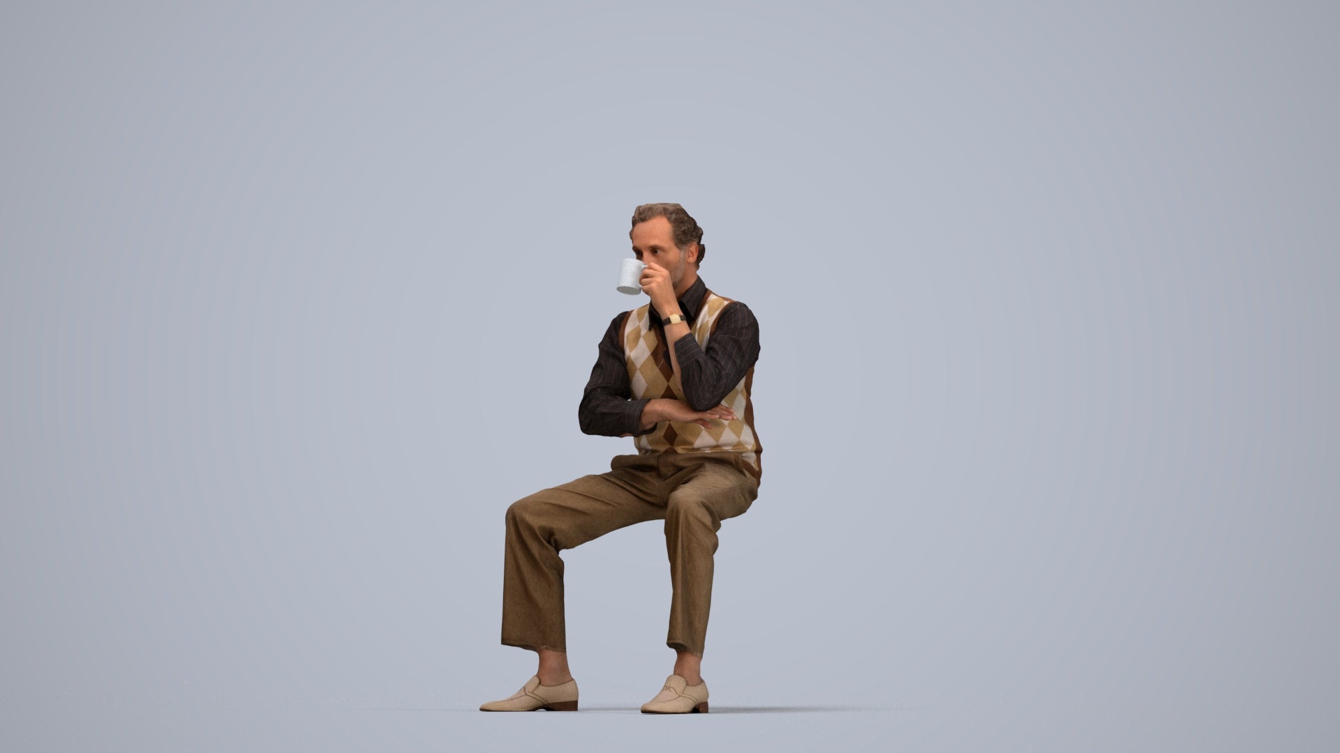 realistic 3D man business sitting, scanned archviz people for Blender and 3ds Max, top-down view render