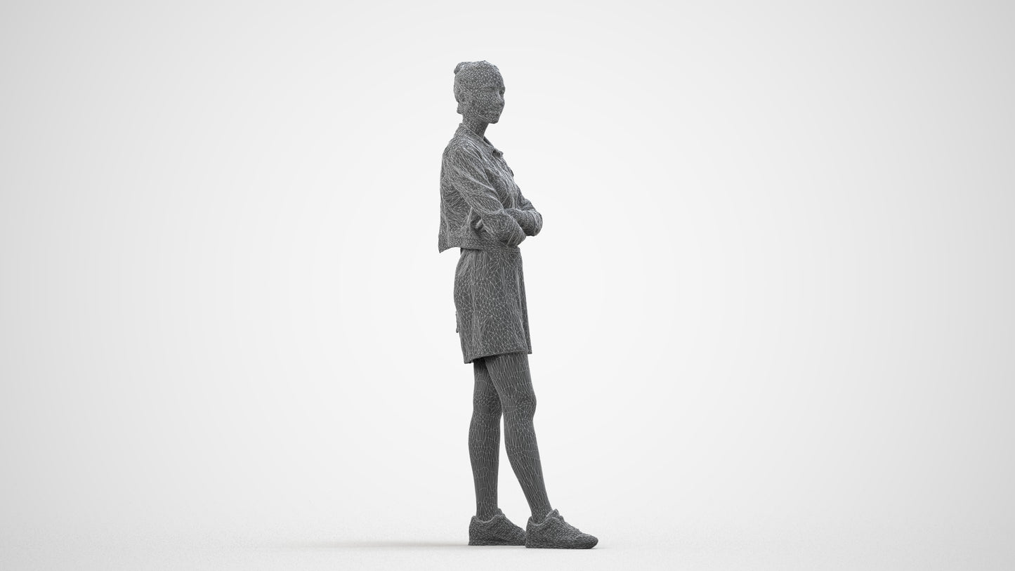 photogrammetry 3D woman casual standing, realistic human model archviz FBX, wireframe side view