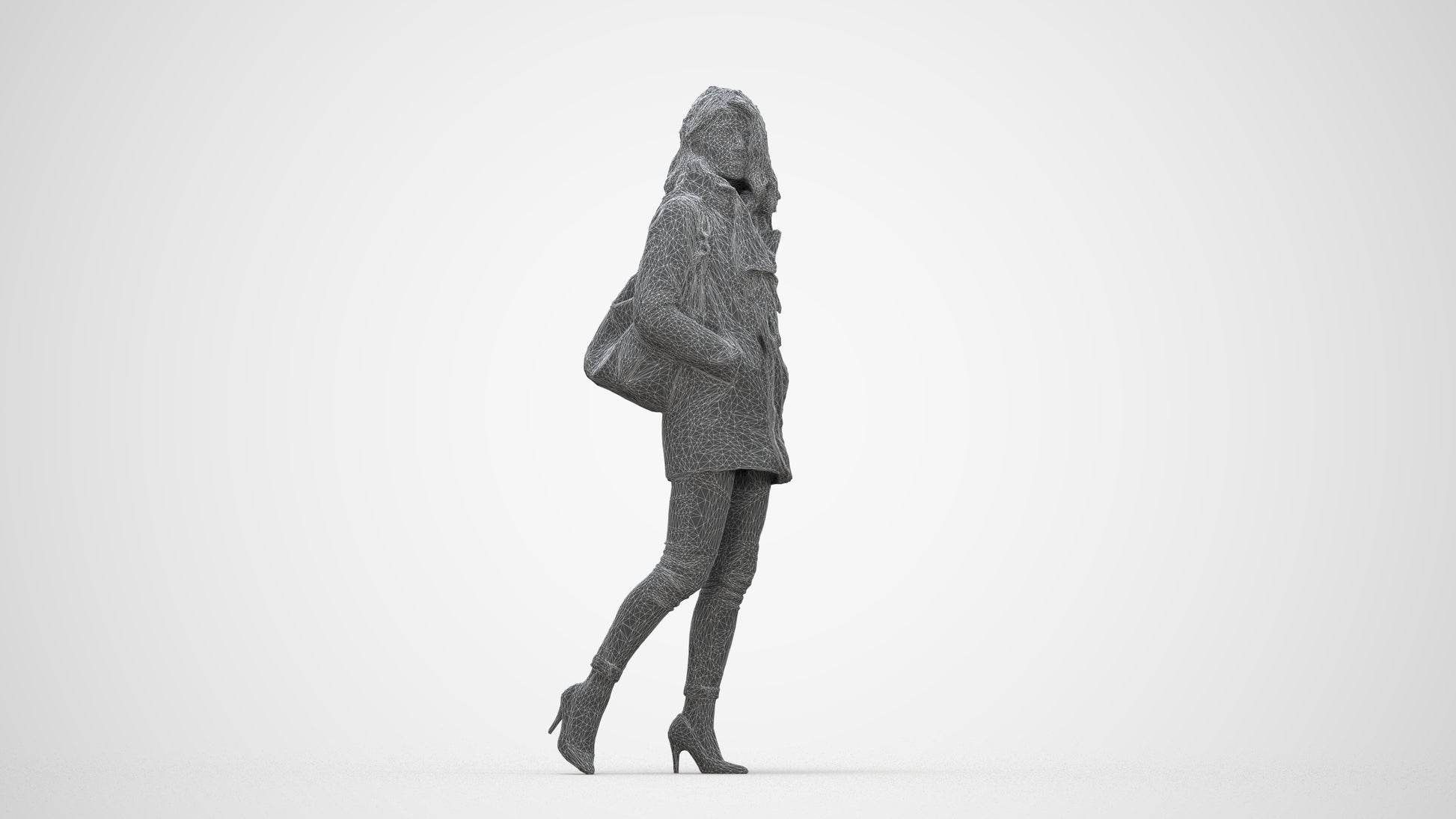 3D scanned woman walking casual, photorealistic archviz people for Enscape and SketchUp, wireframe back view