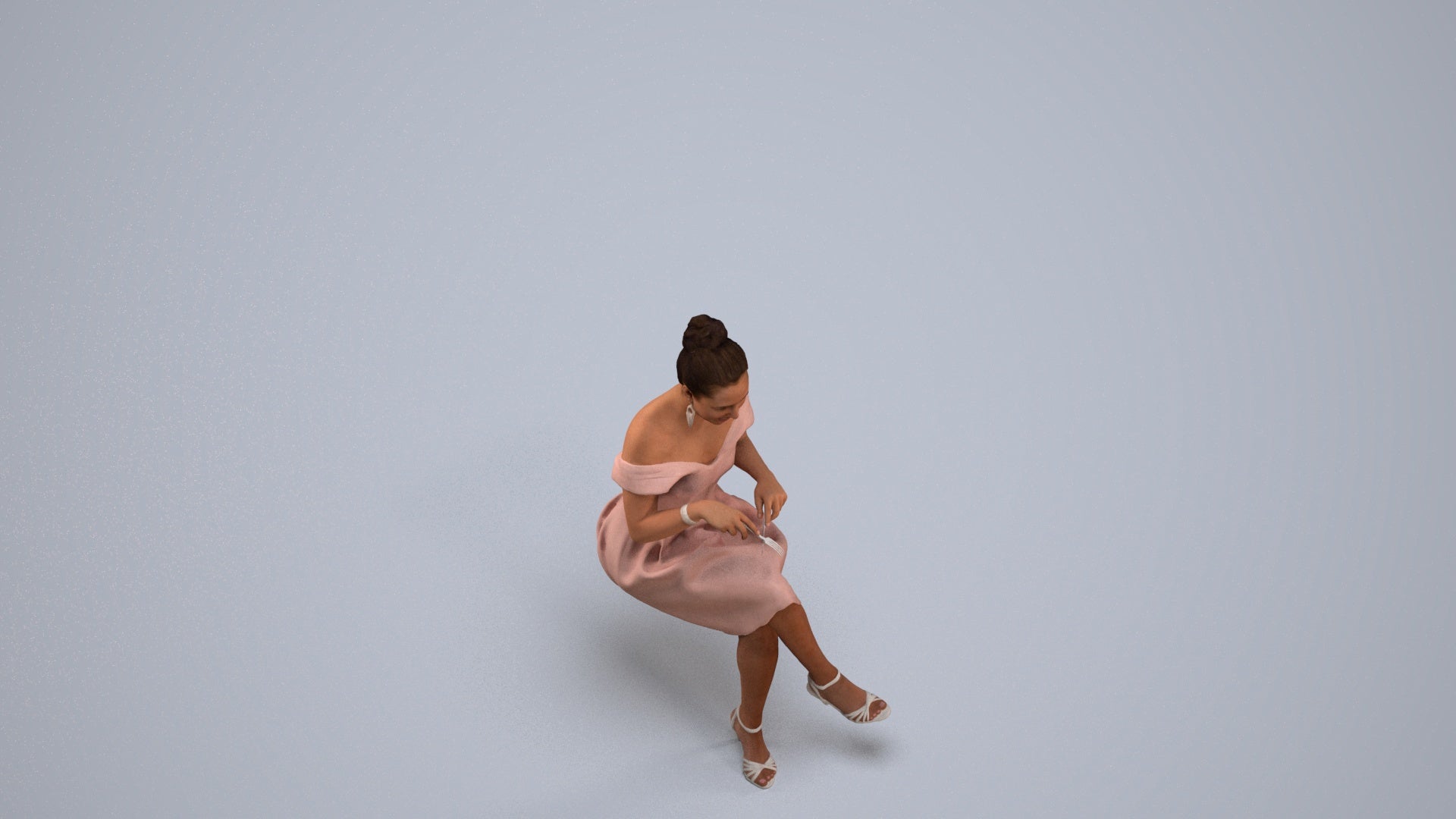 3D human model woman formal sitting, photogrammetry scanned person for archviz, back view render