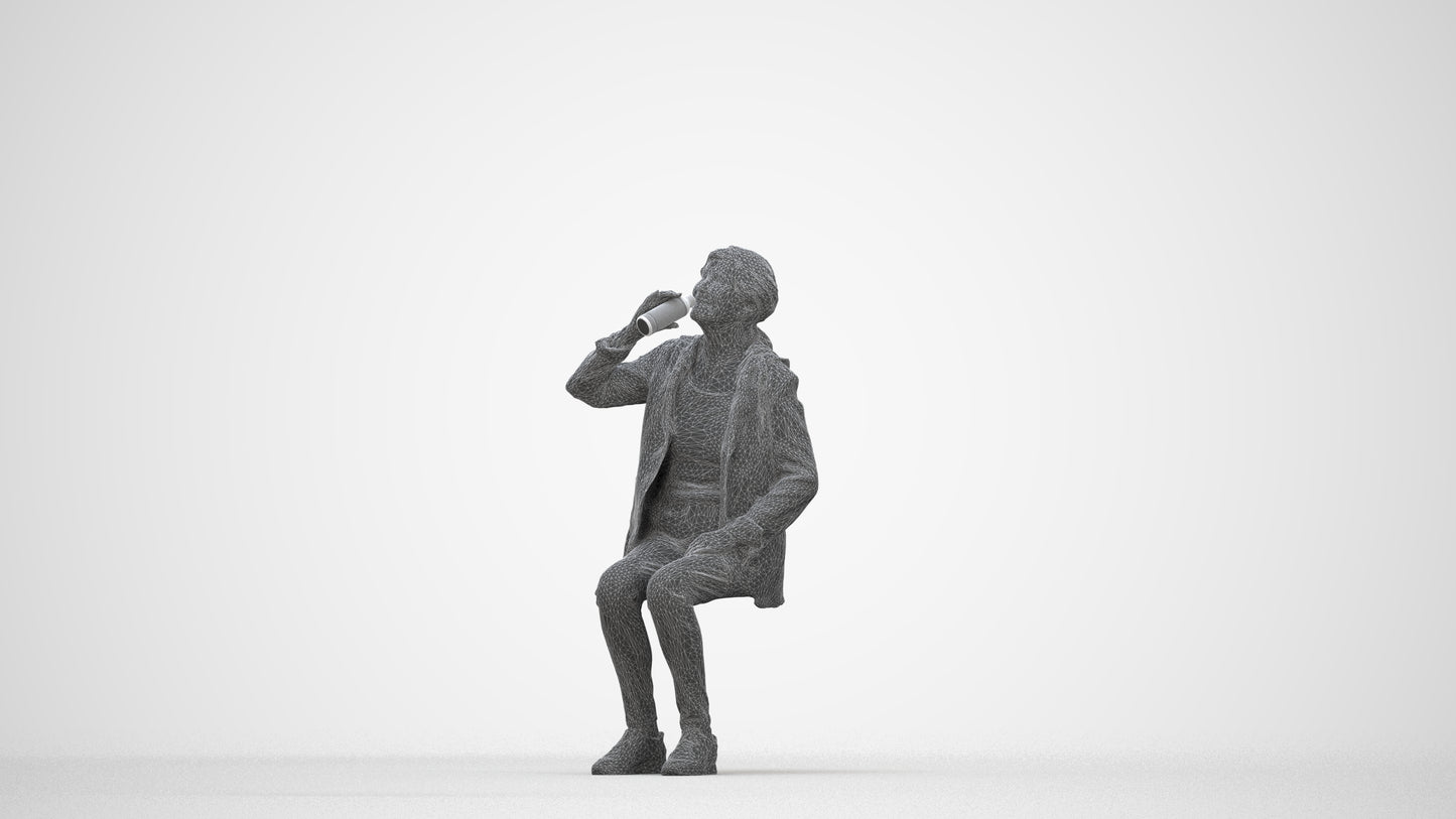 photogrammetry 3D senior girl casual sitting, realistic human model archviz FBX, wireframe back view