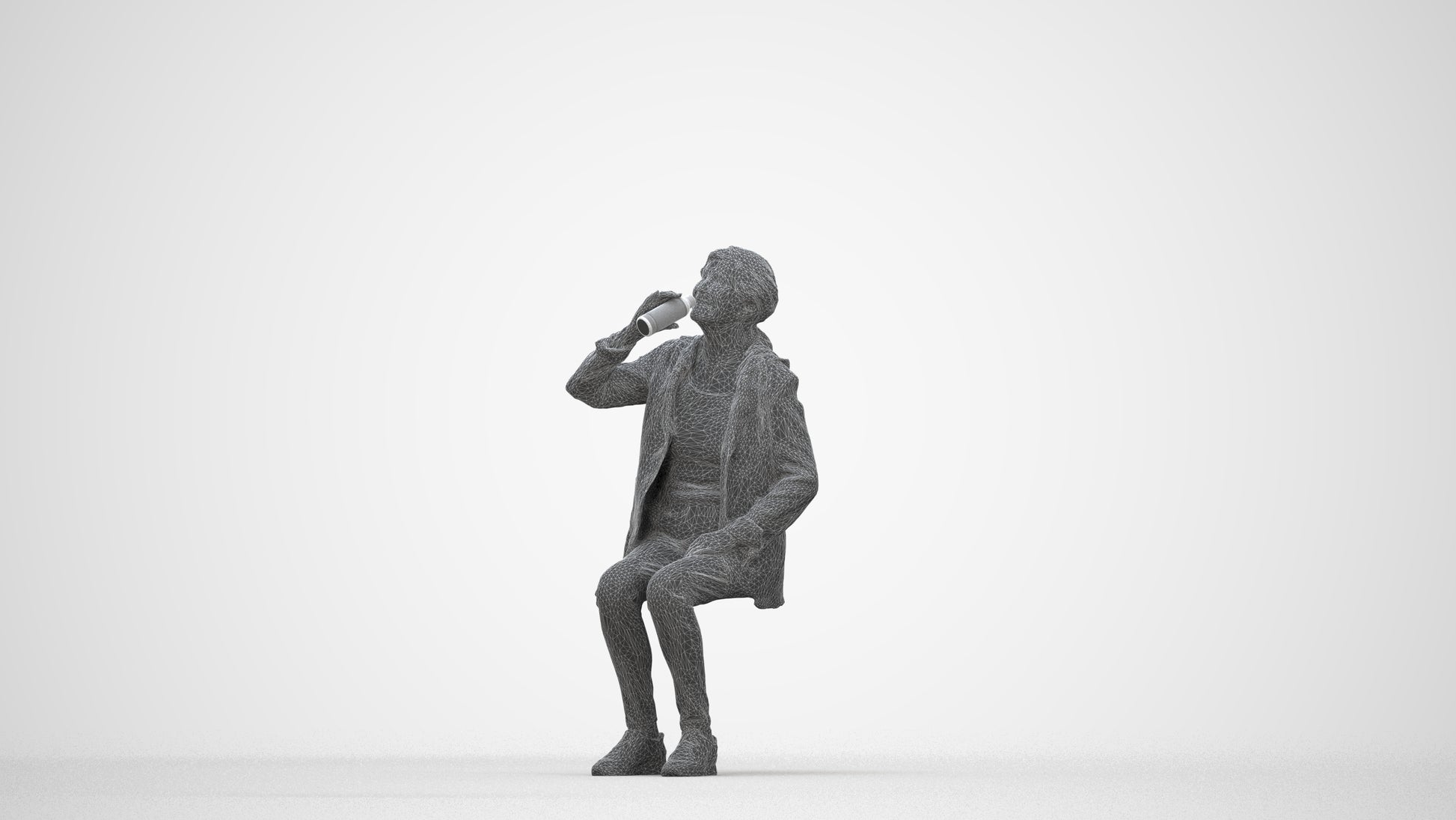 photogrammetry 3D senior girl casual sitting, realistic human model archviz FBX, wireframe back view