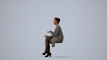 realistic 3D woman business sitting, scanned archviz people for Blender and 3ds Max, three-quarter view render
