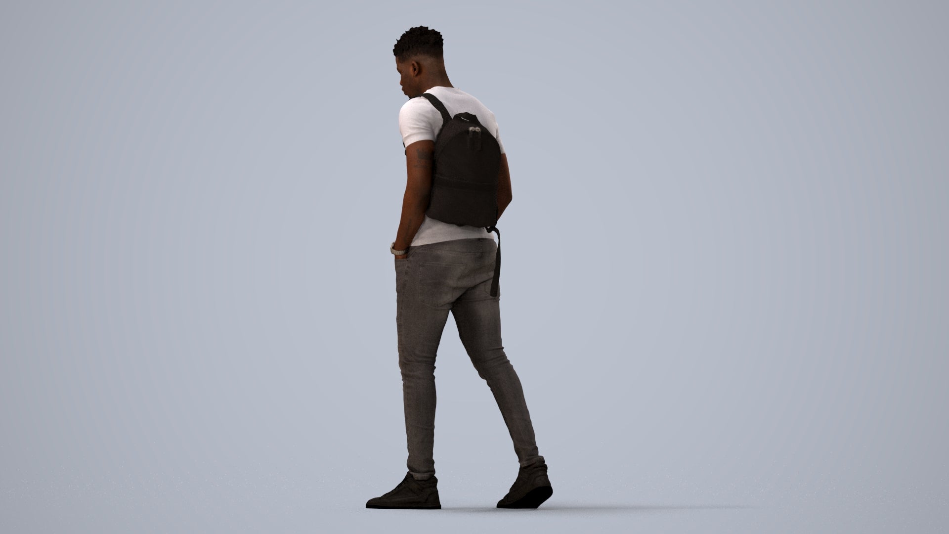 realistic 3D human man casual walking, archviz people FBX OBJ for Blender, three-quarter view render