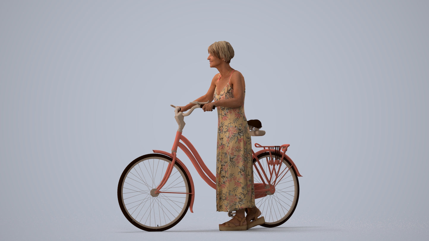 scanned 3D senior woman cycling, photogrammetry people for Enscape and V-Ray, three-quarter view render