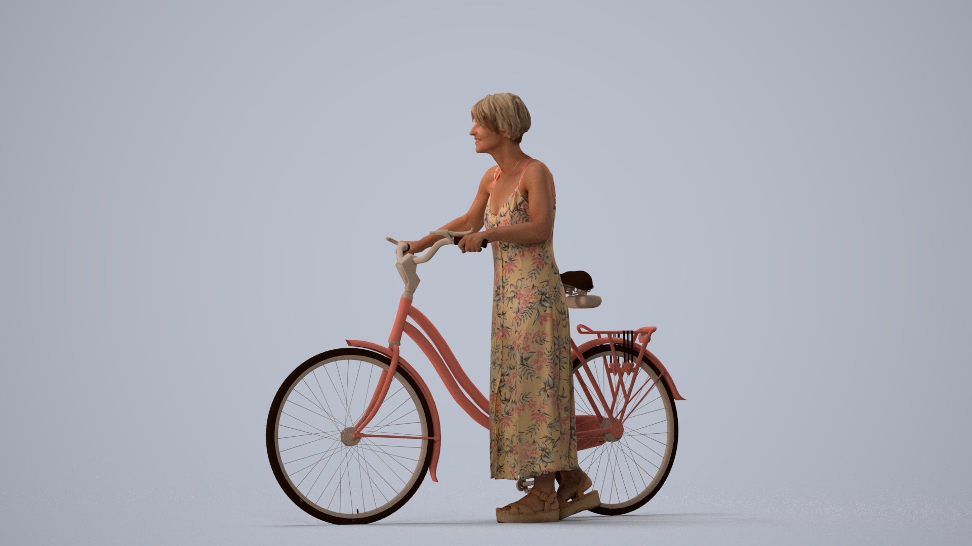 scanned 3D senior woman cycling, photogrammetry people for Enscape and V-Ray, three-quarter view render
