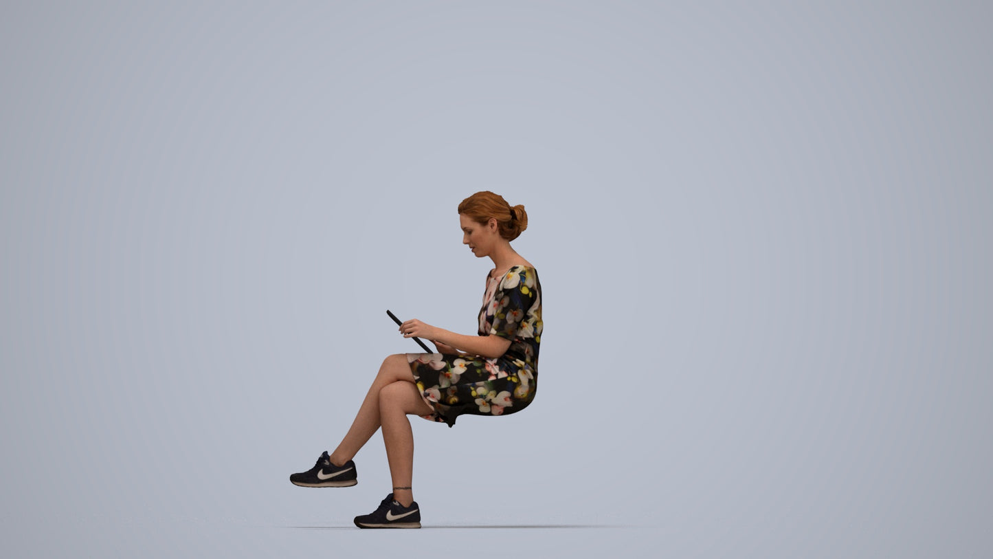 3D people model woman casual sitting, scanned human for 3ds Max rendering, top-down view render