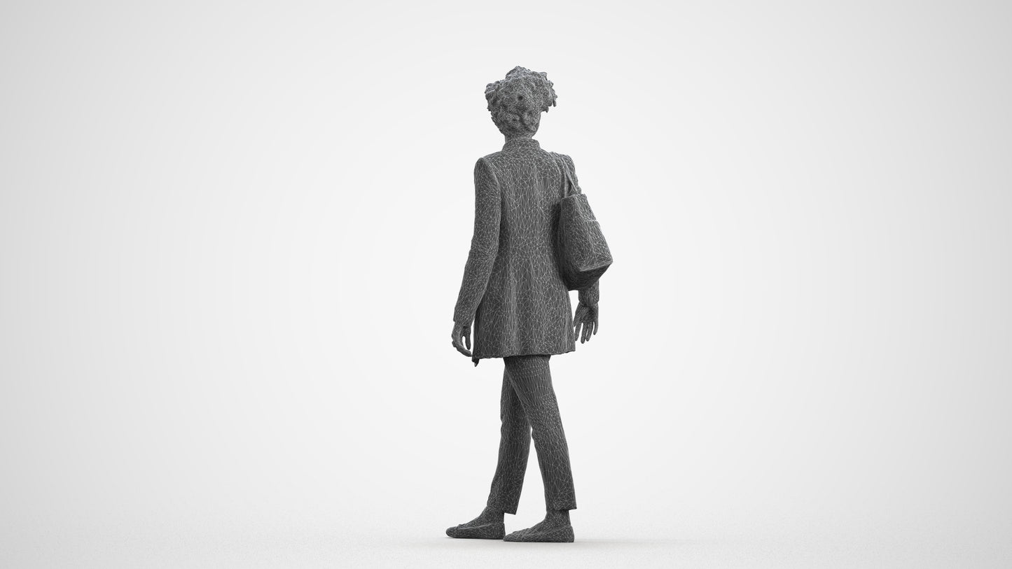 3D human model woman business walking, photogrammetry scanned person for archviz, wireframe front view