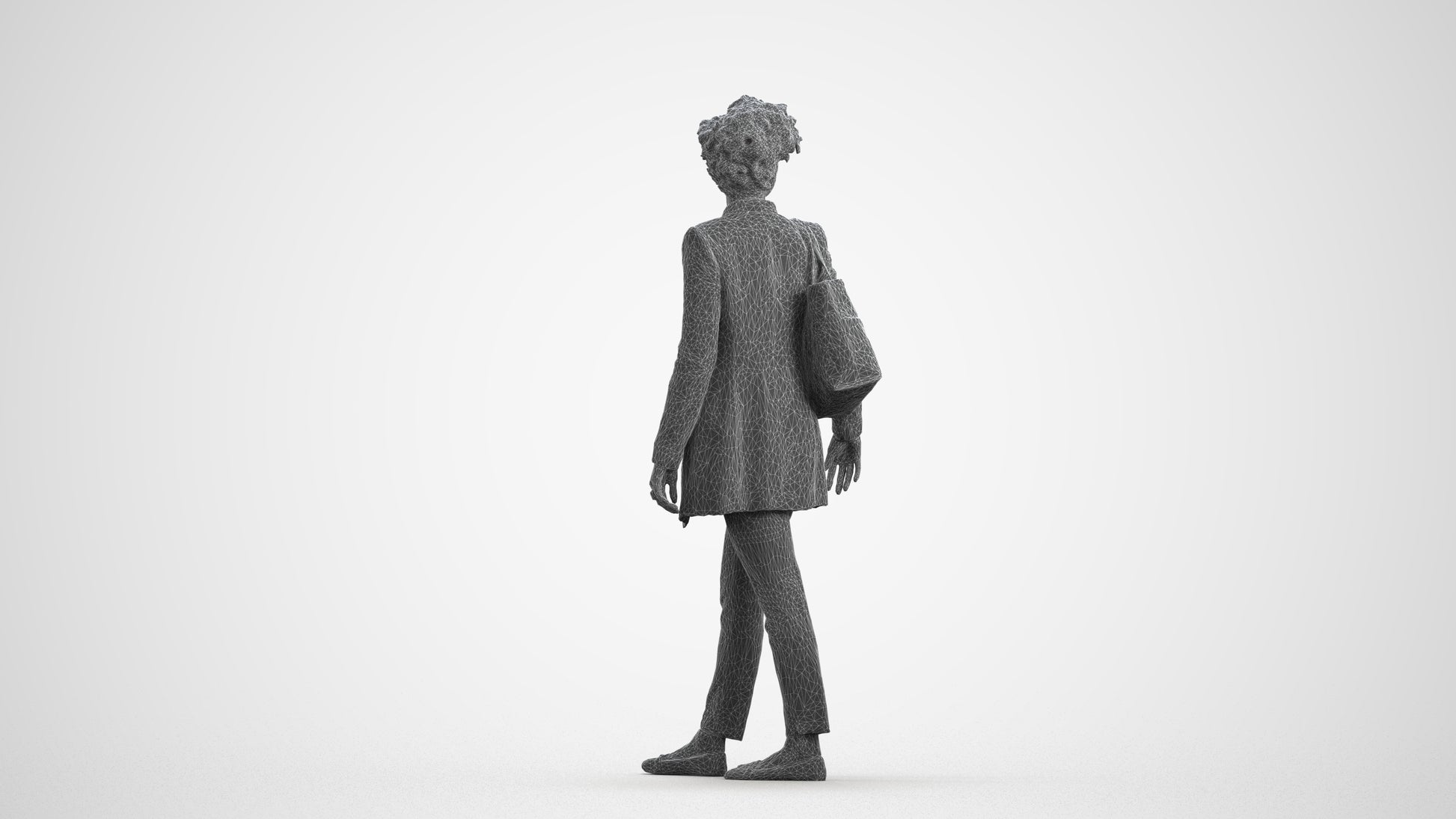 3D human model woman business walking, photogrammetry scanned person for archviz, wireframe front view